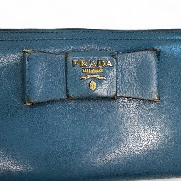Women's Prada Saffiano Fiocco Leather Long Blue Zippered Ribbon Wallet - Picture 3 of 16